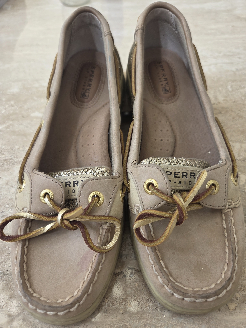Sperry Top Sider Boat Shoes Womens 6 M Angelfish Slip on loafer Gold glitter Tan